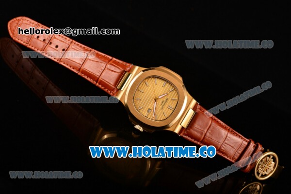 Patek Philippe Nautilus Asia Automatic Yellow Gold Case with Gold Dial Brown Leather Strap and Stick Markers - Click Image to Close